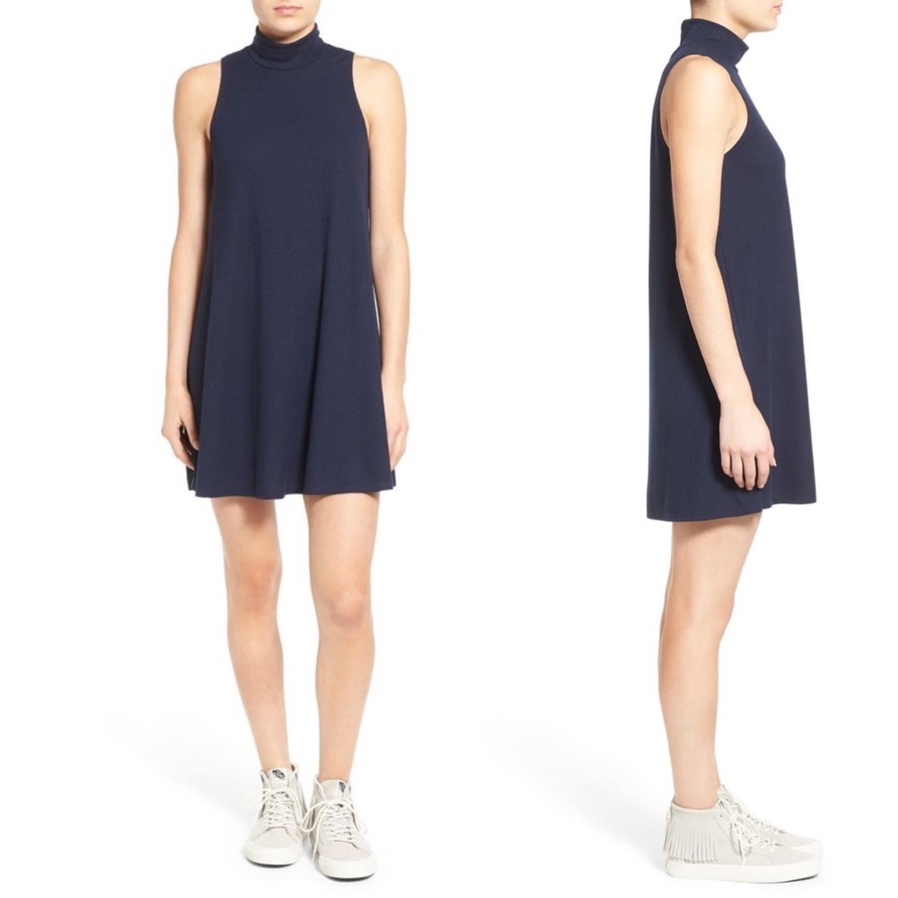 Sleeveless Navy Ribbed Mock Neck Dress